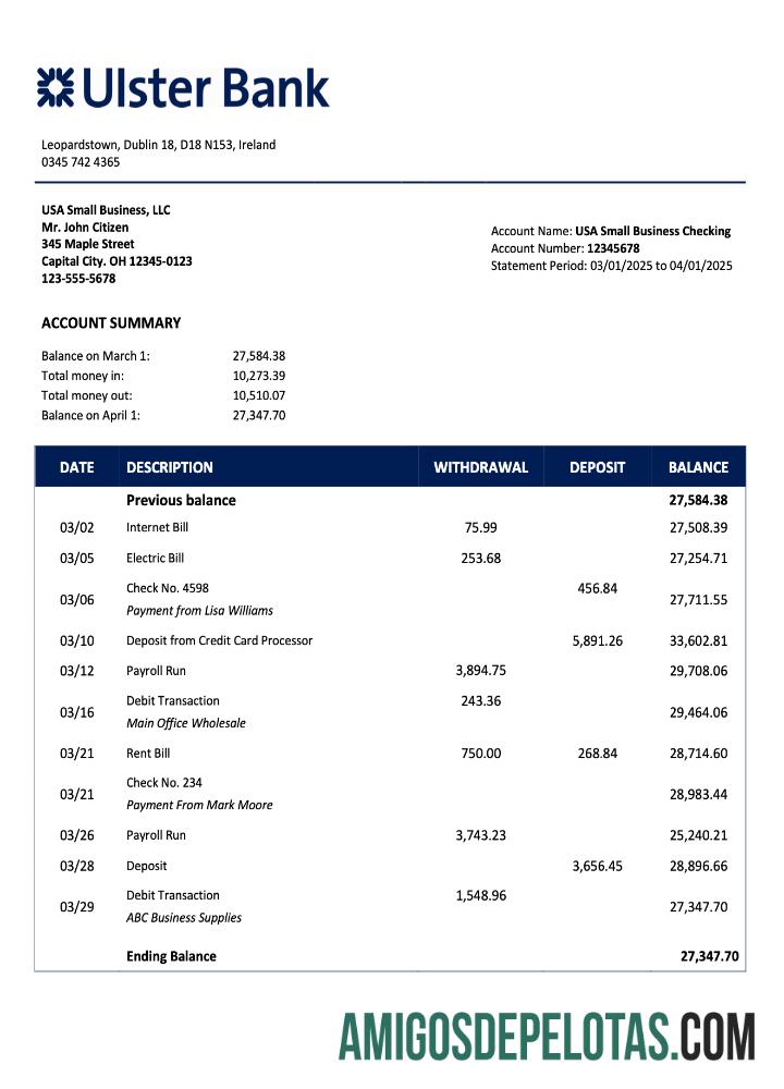 Realista Irish Ulster Bank Business Checking Account Statement Word e PDF modelo